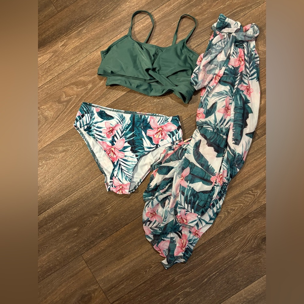 Green and Pink Floral Bikini with Sheer Coverup Girls 13/14Y NWOT